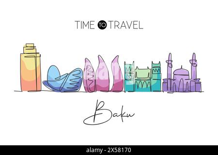 Un disegno continuo dello skyline di Baku, Azerbaigian. Splendido punto di riferimento. Poster di vacanza World landscape Tourism Travel. Str. Elegante modificabile Illustrazione Vettoriale