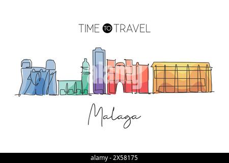 Disegno a linea singola continua dello skyline della città di Malaga, Spagna. Cartolina panoramica dei famosi grattacieli della città. Concetto di stampa poster World Travel con decorazioni da parete. Illustrazione Vettoriale