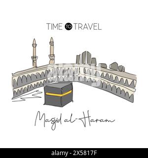 Una linea singola che disegna il punto di riferimento di Masjid el Haram. Famoso in tutto il mondo, iconico a la Mecca, in Arabia Saudita. Religious hajj umrah Concept, decorazioni da parete, stampe artistiche. Moder Illustrazione Vettoriale