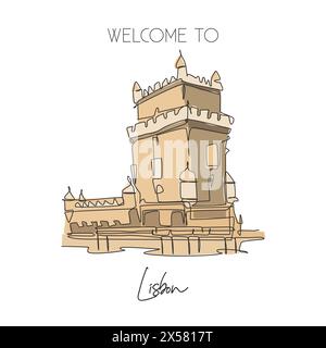 Disegno a linea continua singola del punto di riferimento della Torre di Belém. Luogo famoso a Lisbona, Portogallo. World Travel Home decor per pareti art poster e stampa concept della campagna. Illustrazione Vettoriale