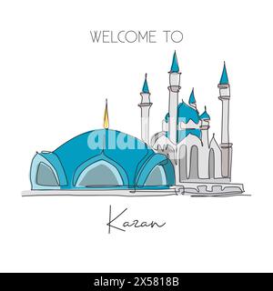 Una linea continua che disegna il punto di riferimento della Moschea Kul Sharif. Bella e famosa masjid a Kazan in Russia. Luogo sacro religioso, arredamento a parete, poster. Illustrazione Vettoriale