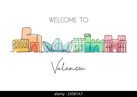 Disegno a linea singola continua dello skyline della città di Valencia, Spagna. Famoso grattacielo e cartolina paesaggistica. Concetto di stampa poster World Travel con decorazioni da parete Illustrazione Vettoriale