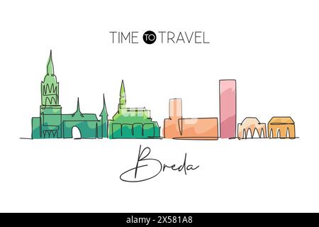 Un disegno continuo dello skyline della città di Breda, Paesi Bassi. Bel grattacielo. Mondo paesaggio turismo viaggio vacanza casa parete arredamento poster p Illustrazione Vettoriale