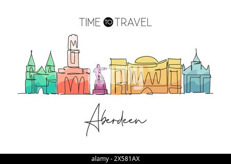 Disegno a linea singola continua dello skyline di Aberdeen, Scozia. Famoso raschietto e paesaggio cittadino. World Travel Concept, arredamento da parete, poster, stampa artistica Illustrazione Vettoriale