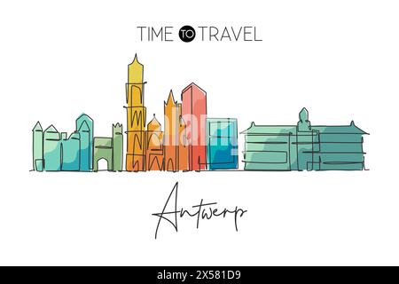 Un disegno continuo dello skyline di Anversa, Belgio. Bel grattacielo. Mondo paesaggio turismo viaggi vacanza decorazione murale stampa poster. S Illustrazione Vettoriale