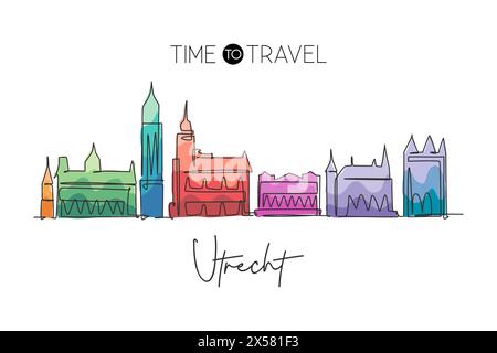 Un disegno continuo dello skyline di Utrecht, Paesi Bassi. Bel grattacielo. Mondo paesaggio turismo viaggio vacanza parete decor poster. Ry Illustrazione Vettoriale