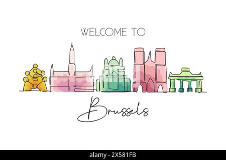 Un disegno su una sola linea dello skyline di Bruxelles, Belgio. Il paesaggio storico dei grattacieli nel mondo. La migliore destinazione per le vacanze con decorazioni a parete. Alla moda Illustrazione Vettoriale