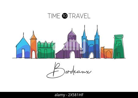 Linea singola continua che disegna lo skyline di Bordeaux, Francia. Il famoso paesaggio dei grattacieli della città. World Travel Home decor da parete poster stampa art concept. Illustrazione Vettoriale