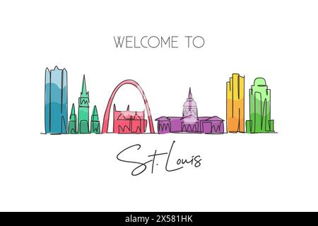 Un disegno a linea singola dello skyline di St. Louis, Stati Uniti. Il paesaggio storico della città nel mondo. Poster delle migliori destinazioni di vacanza. Trend tratto modificabile Illustrazione Vettoriale