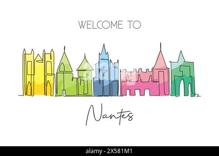 Un disegno continuo dello skyline di Nantes, Francia. Bellissimo grattacielo cittadino. Turismo paesaggistico mondiale viaggio arredamento murale poster art concept. S Illustrazione Vettoriale