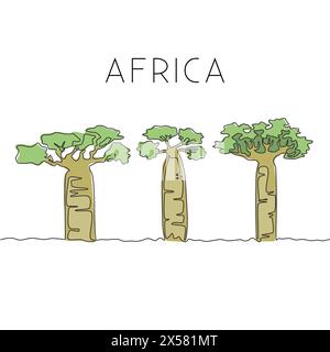 Un disegno a linea continua di un grande albero di baobab. Impianto decorativo adansonia digitata per arredamento di pareti per la casa stampa di poster artistici. Concetto di vacanza di viaggio. Tre Illustrazione Vettoriale