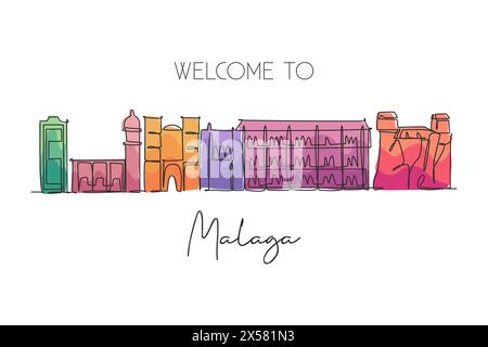 Una linea continua che disegna lo skyline della città di Malaga, Spagna. Bel grattacielo. Turismo paesaggistico mondiale viaggi vacanza decorazione murale poster art concept. S Illustrazione Vettoriale