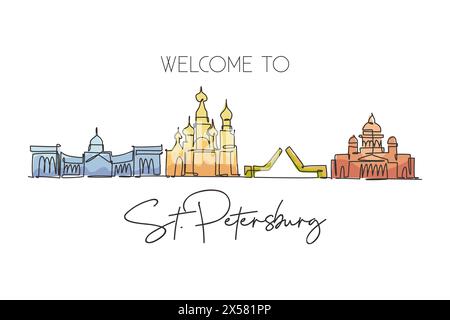 Un disegno continuo dello skyline della città di San Pietroburgo, Russia. Splendido punto di riferimento. Turismo paesaggistico mondiale e vacanza di viaggio. Elegante e modificabile Illustrazione Vettoriale