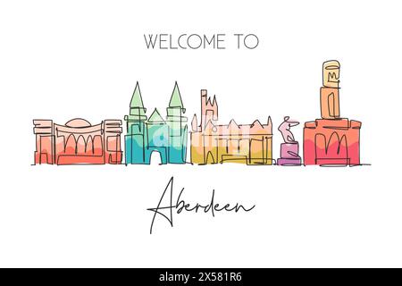 Un disegno su una sola linea dello skyline di Aberdeen, Scozia. Il paesaggio storico della città nel mondo. Poster con decorazioni murali della migliore destinazione per le vacanze. Alla moda Illustrazione Vettoriale