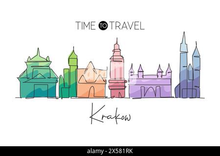 Disegno a linea singola continua dello skyline della città di Cracovia, Polonia. Cartolina panoramica dei famosi grattacieli. Concetto di viaggio in tutto il mondo, arredamento per la casa, arte. Editabl Illustrazione Vettoriale