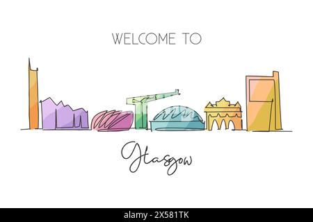 Una linea continua che disegna lo skyline di Glasgow, Scozia. Splendido punto di riferimento. Poster di vacanza World landscape Tourism Travel. st. Elegante modificabile Illustrazione Vettoriale
