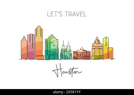 Un disegno su una sola linea dello skyline di Houston, Stati Uniti. Il paesaggio storico della città nel mondo. La migliore destinazione per le vacanze. Tratto modificabile tren Illustrazione Vettoriale