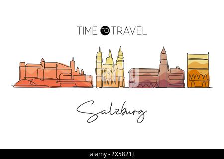 Un disegno continuo dello skyline di Salisburgo, Austria. Splendido punto di riferimento. Turismo paesaggistico mondiale e vacanza di viaggio. Grafica elegante modificabile Illustrazione Vettoriale