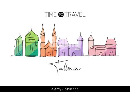 Un disegno continuo dello skyline della città di Tallinn, Estonia. Splendido punto di riferimento. Mondo paesaggio turismo viaggio casa decorazione parete poster stampa arte. Ry Illustrazione Vettoriale