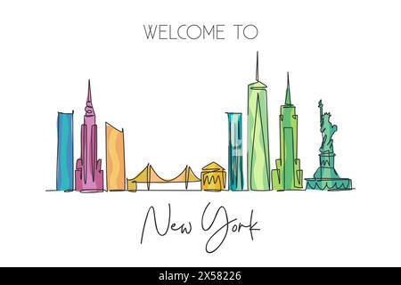 Un disegno continuo dello skyline di New York, Stati Uniti d'America. Splendido punto di riferimento della città. Vacanza paesaggistica nel mondo. st. Elegante modificabile Illustrazione Vettoriale