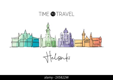 Un disegno continuo dello skyline di Helsinki, Finlandia. Splendido punto di riferimento. Poster di vacanza World landscape Tourism Travel. st. Elegante modificabile Illustrazione Vettoriale