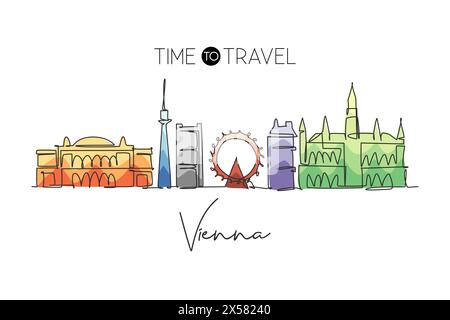 Una linea continua che disegna lo skyline di Vienna, Austria. Splendido punto di riferimento. Poster di vacanza World landscape Tourism Travel. Grafica elegante modificabile Illustrazione Vettoriale