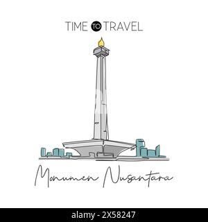 Depok, Indonesia - 5 agosto 2019: Una linea singola che disegna il monumento di Monas. Luogo iconico a Giacarta, Indonesia. Turismo viaggio cartolina parete arredamento casa Illustrazione Vettoriale