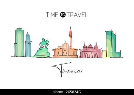 Un disegno continuo dello skyline della città di Tirana, Albania. Splendido punto di riferimento. Poster del turismo paesaggistico mondiale e delle vacanze di viaggio. Elegante e modificabile Illustrazione Vettoriale