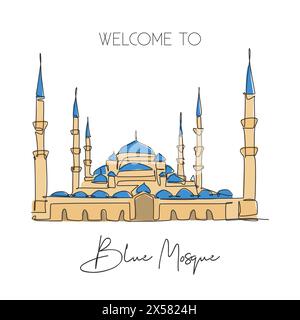 Una linea singola che disegna il simbolo della Moschea Blu. Luogo famoso a Istanbul, in Turchia. Turismo viaggio cartolina arredamento casa arte parete poster stampa concetto. Modalità Illustrazione Vettoriale