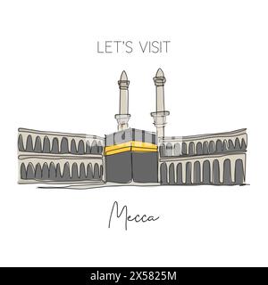 Disegno a linea continua singola del punto di riferimento Masjidil Haram. Il luogo più sacro della Mecca, l'Arabia Saudita. L'hajj religioso e l'umrah viaggiano per l'arte del decor delle pareti Illustrazione Vettoriale