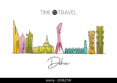 Un disegno su una sola linea dello skyline di Doha, Qatar. Il paesaggio storico della città nel mondo. La migliore destinazione per le vacanze. Tratto modificabile in continuo Illustrazione Vettoriale