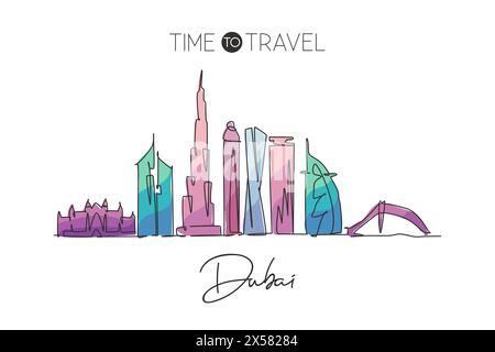 Disegno a linea singola continua dello skyline di Dubai, Emirati Arabi Uniti. Famoso paesaggio cittadino, decorazioni murali, stampa di poster artistici. Concetto di viaggio nel mondo. M Illustrazione Vettoriale