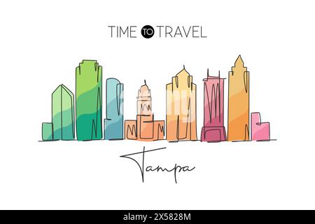 Una linea continua che disegna lo skyline di Tampa, Stati Uniti. Splendido punto di riferimento. Poster di vacanza World landscape Tourism Travel. st. Elegante modificabile Illustrazione Vettoriale
