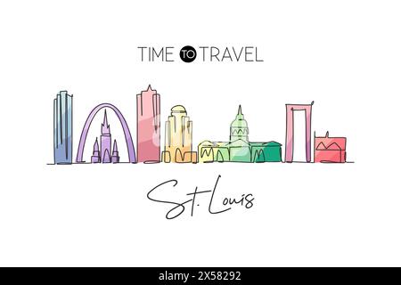 Un disegno continuo dello skyline di St. Louis, Stati Uniti. Splendido punto di riferimento. Mondo paesaggio turismo viaggi vacanza decorazione murale arte poster stampa. S Illustrazione Vettoriale