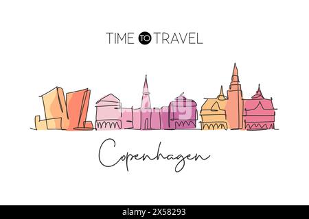 Un disegno continuo dello skyline della città di Copenaghen, Danimarca. Splendido punto di riferimento. Poster di vacanza World landscape Tourism Travel. Elegante e modificabile Illustrazione Vettoriale