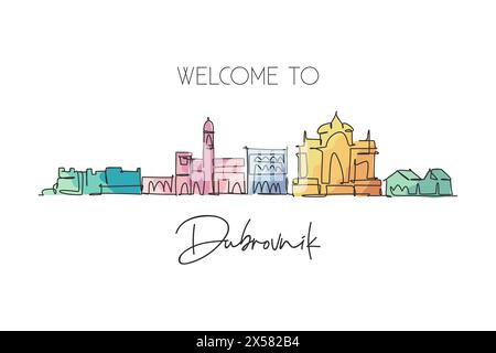 Un disegno continuo dello skyline della città di Dubrovnik, Croazia. Splendido punto di riferimento. Poster di vacanza World landscape Tourism Travel. Eleganti e modificabili Illustrazione Vettoriale