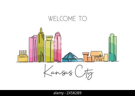 Un disegno su una sola linea dello skyline di Kansas City, Stati Uniti. Paesaggio storico della città. La migliore destinazione per le vacanze, decorazioni murali, poster, stampe artistiche. Alla moda Illustrazione Vettoriale