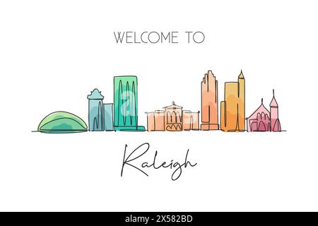 Un disegno su una sola linea dello skyline di Raleigh, Stati Uniti. Paesaggio storico della città. La migliore destinazione per le vacanze, decorazioni a parete, stampa di poster artistici. Tendenza Illustrazione Vettoriale