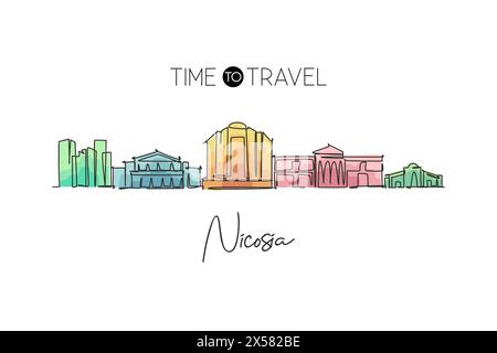 Disegno a linea singola continua dello skyline di Nicosia, Cipro. Il famoso paesaggio cittadino dei raschiatori. World Travel concept Home wall decor poster stampa art. Illustrazione Vettoriale