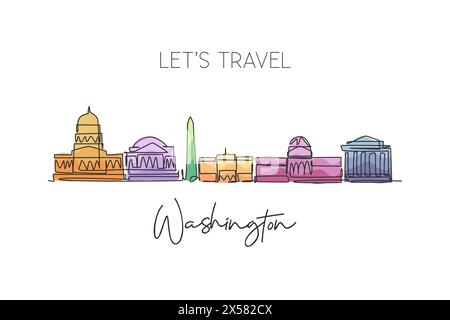 Disegno a linea singola continua dello skyline di Washington, Stati Uniti. Il famoso paesaggio cittadino dei raschiatori. World Travel concept Home wall decor poster stampa art. Illustrazione Vettoriale