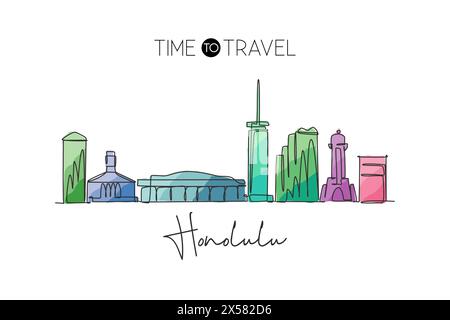 Una linea singola che disegna lo skyline di Honolulu, Hawaii. Il paesaggio storico della città nel mondo. Poster delle migliori destinazioni di vacanza. Tratto modificabile alla moda Illustrazione Vettoriale