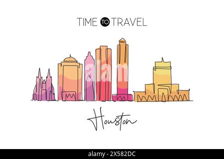 Disegno a linea singola continua dello skyline di Houston, Stati Uniti. Famoso raschietto e paesaggio cittadino. World Travel concept Home wall decor poster stampa art. Illustrazione Vettoriale