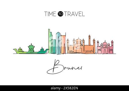 Disegno a linea singola continua dello skyline della città di Bandar seri Begawan, Brunei Darussalam. Famoso paesaggio cittadino. Poster per arredamento da parete World Travel Illustrazione Vettoriale