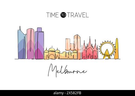 Disegno a linea singola continua dello skyline di Melbourne, Australia. Famoso paesaggio cittadino. Design da viaggio in tutto il mondo, arredamento da parete, stampa di poster artistici. Mod Illustrazione Vettoriale