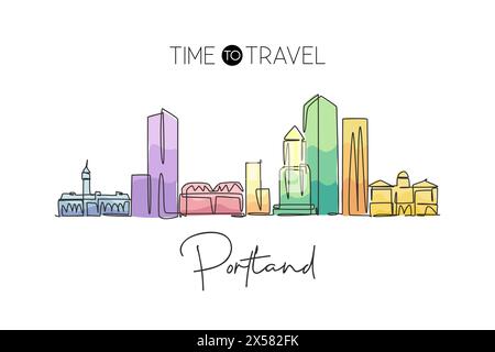 Un disegno su una sola linea dello skyline di Portland, Stati Uniti. Il paesaggio storico della città nel mondo. La migliore destinazione per le vacanze. Tratto modificabile tren Illustrazione Vettoriale