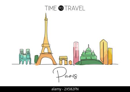 Una linea continua che disegna lo skyline di Parigi, Francia. Bel grattacielo. Turismo paesaggistico mondiale viaggi vacanza decorazione murale poster art concept. S Illustrazione Vettoriale