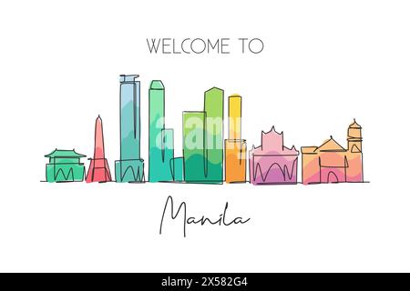 Un disegno a linea singola dello skyline di Manila, Filippine. Il paesaggio storico della città nel mondo. La migliore destinazione per le vacanze. Tratto modificabile alla moda Illustrazione Vettoriale