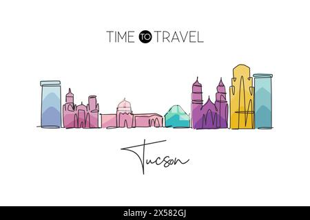 Un disegno su una sola linea dello skyline di Tucson, Arizona. Il paesaggio storico della città nel mondo. Poster delle migliori destinazioni di vacanza. Tratto modificabile tren Illustrazione Vettoriale