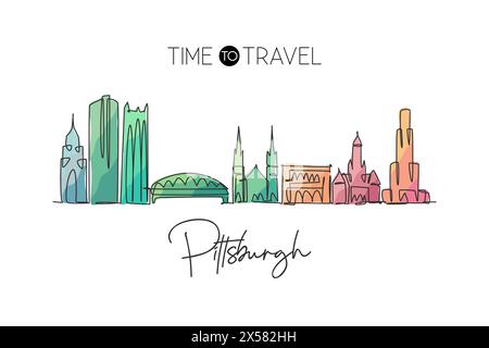 Disegno a linea singola continua dello skyline di Pittsburgh, Pennsylvania. Famoso paesaggio cittadino. World Travel concept Home wall decor stampa poster art. Illustrazione Vettoriale