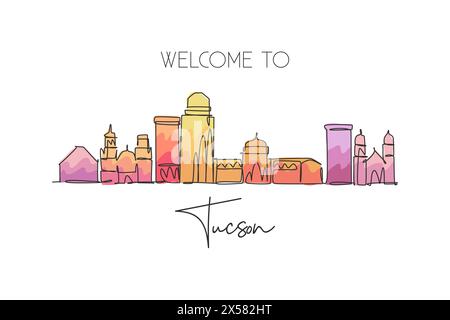 Disegno a linea singola continua dello skyline di Tucson, Arizona. Il famoso paesaggio cittadino dei raschiatori. Design da viaggio in tutto il mondo, arredamento da parete, stampa di poster artistici. Illustrazione Vettoriale